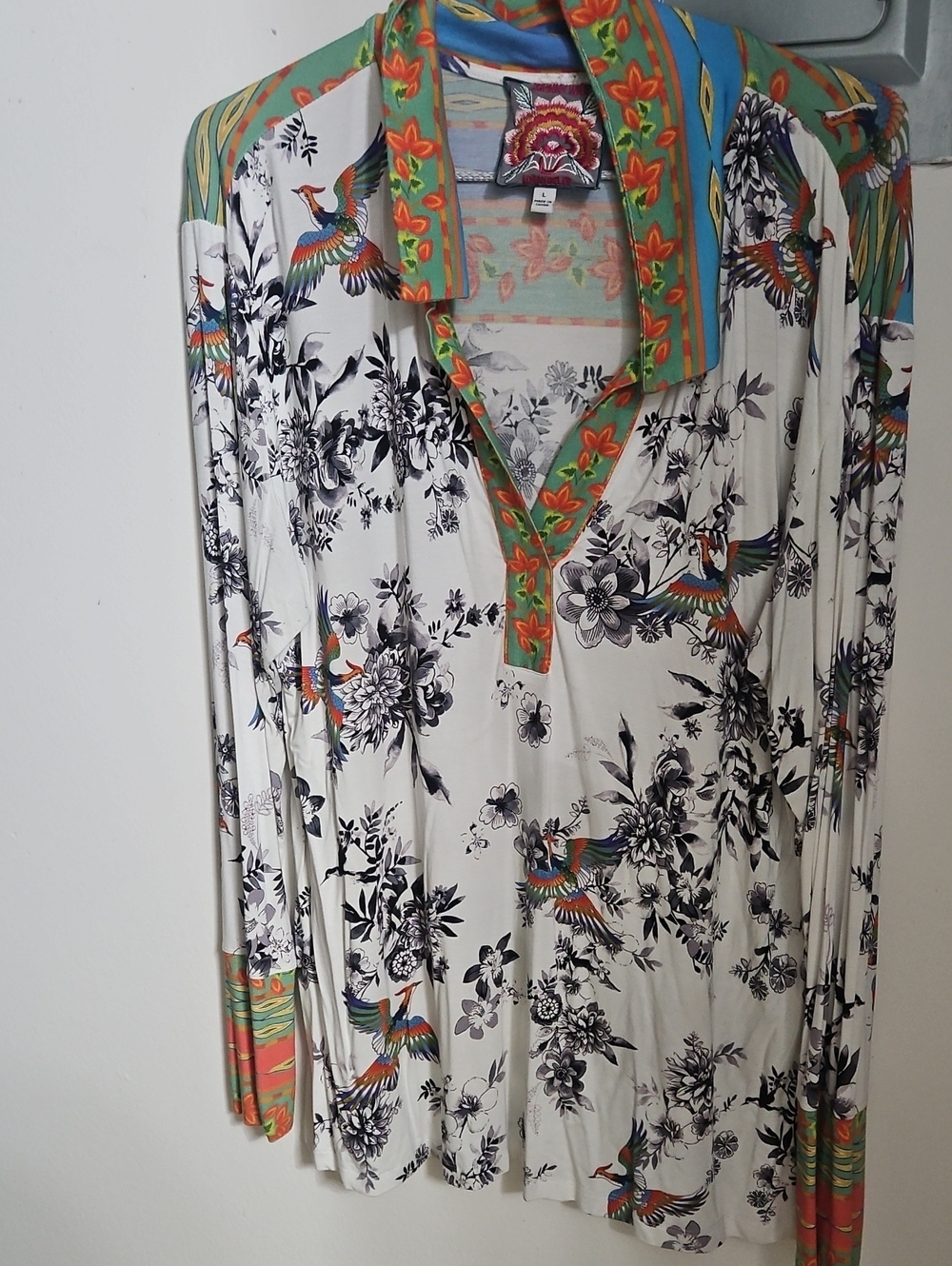 Johnny Was Cream Button-Down Top with Black Floral & Multicolor Trim